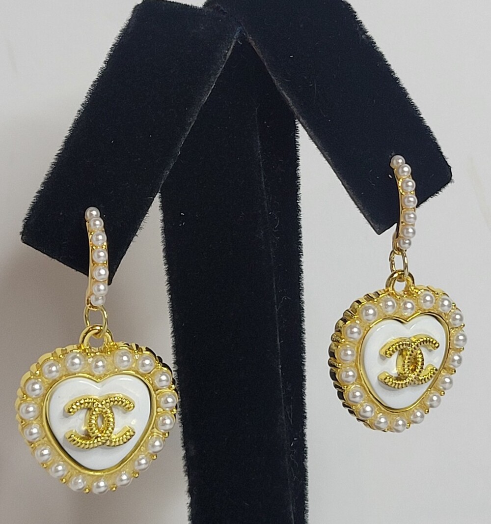 CC Gold and White Heart Pearl Drop Earrings